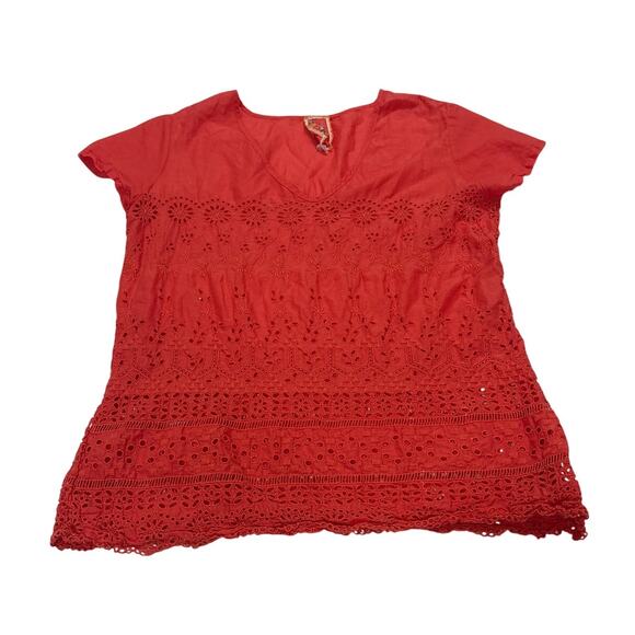 Johnny Was Women’s Medium Orange Eyelet Short Sleeve Blouse Vacation Floral